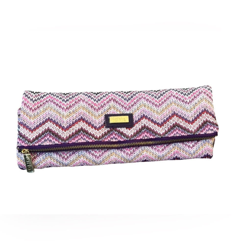Tarte purple pink chevron‎ make up bag clutch goldtone NWOT